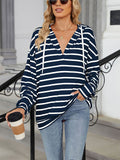 Classic Stripe V Neck Drawstring Hoodies for Women