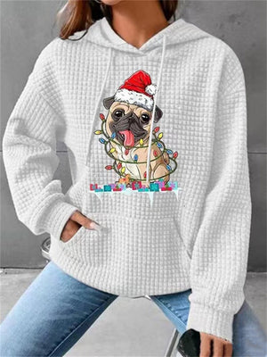 Female Waffle Leisure Cute Pug Print Long Sleeve Hoodies