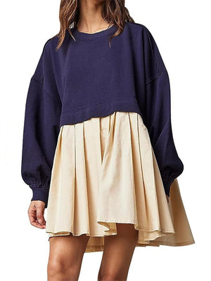 Female Casual Sweatshirt Patchwork Pleated Dress