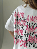 Women's O-Neck Letter AMOR Printing Ripped T-shirts