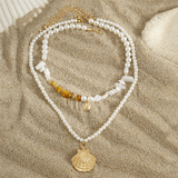 2Pcs/Set Golden Shell Pendant Pearl Stone Necklaces for Women