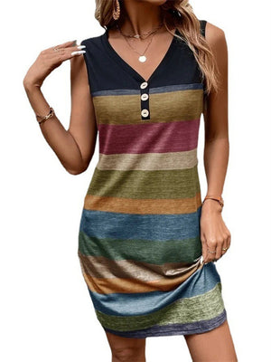 Striped Print V-neck Sleeveless Beach Dress for Ladies