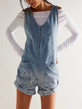 Women's Adjustable Short Denim Jumpsuits with Pockets