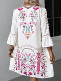 V-neck Bell Sleeve Lace Spliced Printed Dress for Women