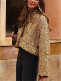 Vogue Shiny Gold Sequins Stand Collar Jackets for Women