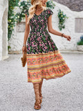 Bohemian Style Women's Flower Print V-Neck Dress