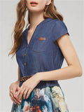 Women's Elegant Ink Flower Denim Chiffon Splicing Dress with Belt