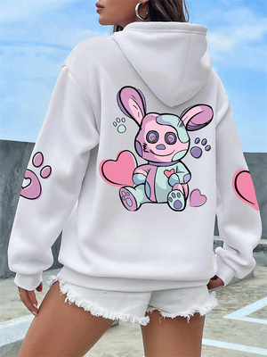 Cute Pink Heart Rabbit Printed Harajuku Hoodies for Women