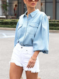 Women's Casual Lapel Puff Sleeve Button Denim Blouses