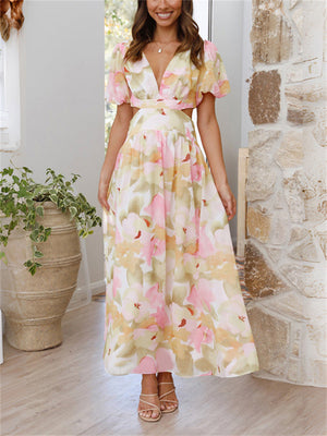 French Romantic Floral Print V Neck Cut Out Midi Dress for Lady