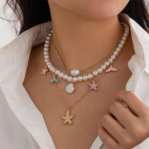 Cute Dreamy Starfish Conch Fishtail Pendant Necklaces for Women