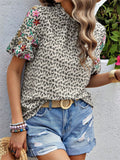 Ladies Floral Embroidered Leaf Print Puff Sleeve T-shirts