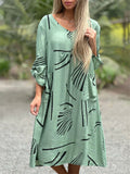 Relaxed Cozy V Neck Rolled Up Sleeve Print Dress for Lady