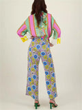 Women's Spring Summer Contrast Color Stripe Daisy Print Jumpsuits