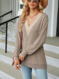 Contrast Color Lace Trim Long Sleeve T-shirt for Ladies