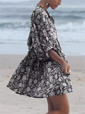 Front Lace Up French Print Lantern Sleeve Mini Dress for Lady