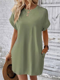 Holiday Simple Round Neck Batwing Short Sleeve Mini Dress for Lady