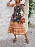 Bohemian Style Women's Flower Print V-Neck Dress