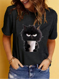 Lovely Little Black Cat Print Round Neck T-shirts for Women