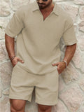 Men's Solid Color Waffle Lapel Shirt Shorts Sweatsuit