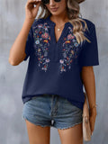 Floral Embroidered Spliced Lace Women's V-Neck T-shirt