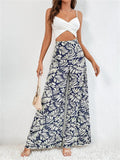 Women's Leaf Print High Waist Flowy Chiffon Wide Leg Pants