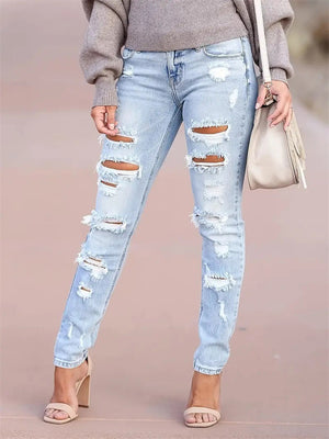 Personality Slim Fit Ripped Light Blue Jeans for Ladies