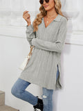 V Neck Striped Texture Side Split Fitted Shirt for Women