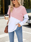 Stripe & Solid Color Round Neck Loose Sweatshirt for Female