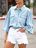 Women's Casual Lapel Puff Sleeve Button Denim Blouses