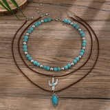 3pcs/Set Turquoise Beads Ox-head & Cactus Pendant Necklaces