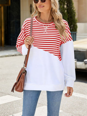 Stripe & Solid Color Round Neck Loose Sweatshirt for Female