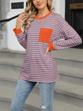 Contrast Color Stripe Chest Pocket Long Sleeve Shirt for Women