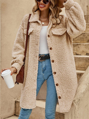 Women's Cute Fluffy Lapel Button Mid-Length Coat