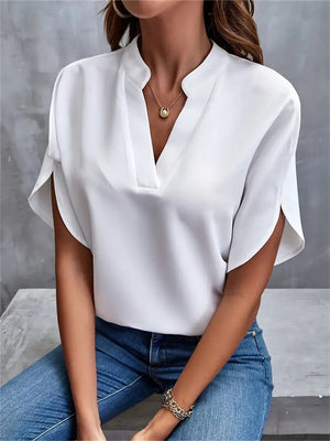 Female Simple Elegant V Neck Split Short Sleeve Shirt
