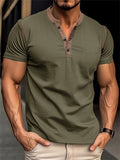 Stretchy Slim Fit Contrast Color Henley Shirt for Men