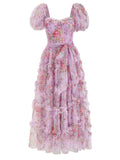 Romantic Flower Mesh Puff Sleeve Princess Dress for Women