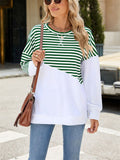 Stripe & Solid Color Round Neck Loose Sweatshirt for Female