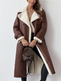 Ladies Elegant Lapel Plush Lining Mid-Length Coat with Waistband