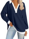 Ladies V Neck Contrast Color Oversized Long Sleeve Hoodies