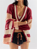 Lazy Contrast Color Stripe Button Up Loose Knitted Sweater for Women