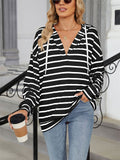 Classic Stripe V Neck Drawstring Hoodies for Women