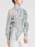 Women's Sexy See-Through Striped Patchwork Blouse