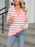 Classic Stripe V Neck Drawstring Hoodies for Women