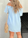 Retro Off Shoulder Raw Edge Denim Dress for Women