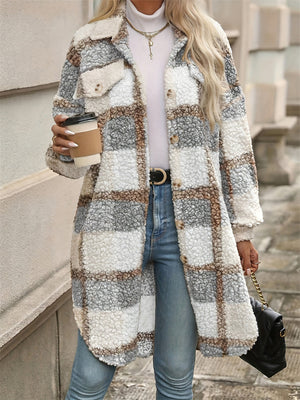 Leisure Contrast Color Plaid Fluffy Coat for Women