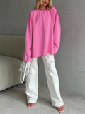 Female Leisure Pink Round Neck Long Sleeve T-shirts