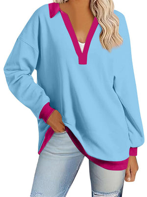 Ladies V Neck Contrast Color Oversized Long Sleeve Hoodies