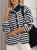 Blue White Stripe & Coffee Cow Print Plush Coat for Lady