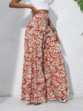 Women's Leaf Print High Waist Flowy Chiffon Wide Leg Pants